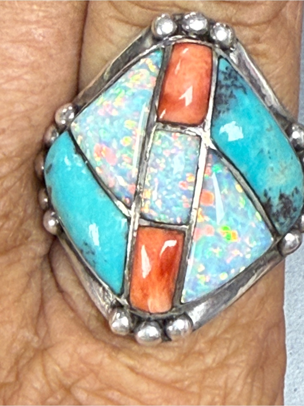 Multi-Stone Turquoise, Opal & Orange Spiny Oyster Inlay Ring